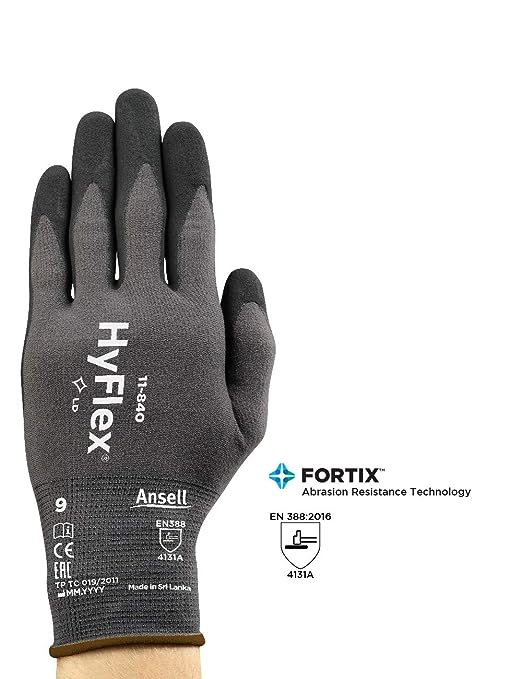 Ansell HyFlex 11-840 Professional Work Gloves, Abrasion Resistant Nitrile Coating with Firm Grip, Multipurpose Protection Gloves, Mechanical and Industrial Safety, Black, Size L (5 Pairs)