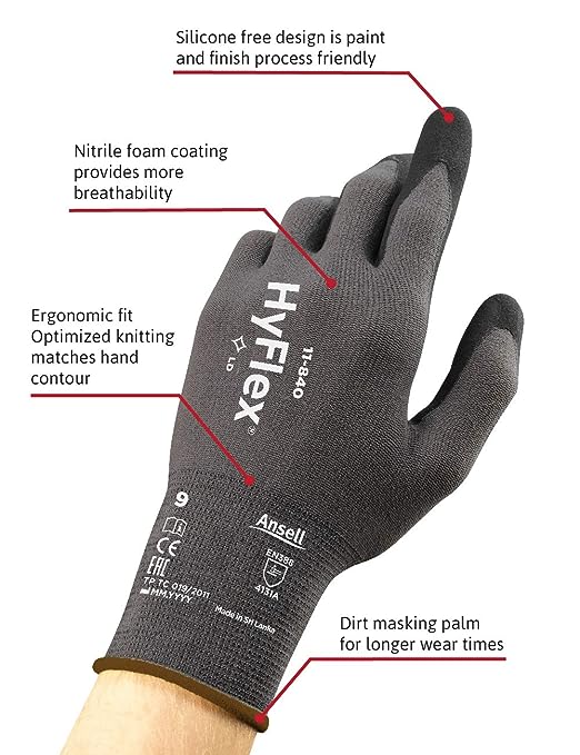 Ansell HyFlex 11-840 Professional Work Gloves, Abrasion Resistant Nitrile Coating with Firm Grip, Multipurpose Protection Gloves, Mechanical and Industrial Safety, Black, Size L (5 Pairs)